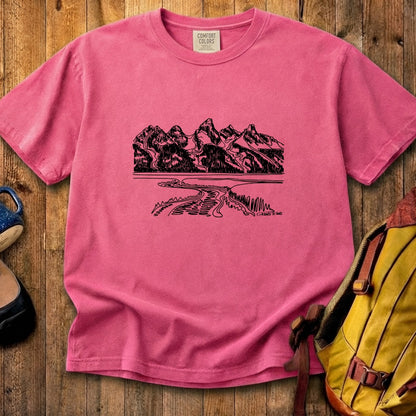 Grand Tetons Line Drawing Cotton T-Shirt