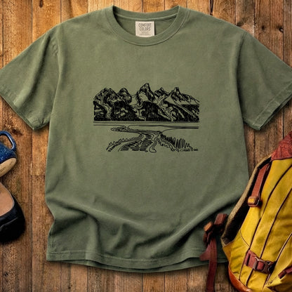 Grand Tetons Line Drawing Cotton T-Shirt