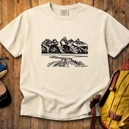 Grand Tetons Line Drawing Cotton T-Shirt