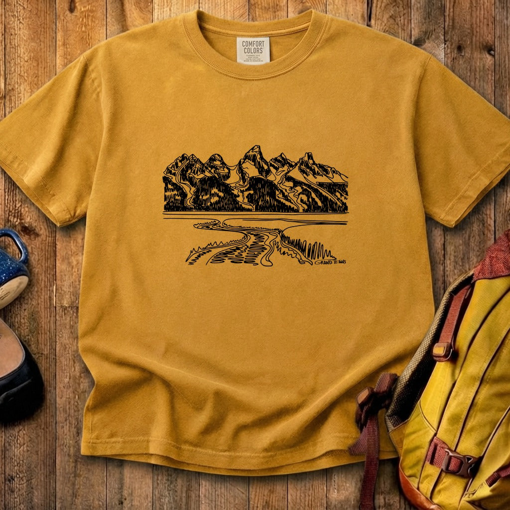 Grand Tetons Line Drawing Cotton T-Shirt