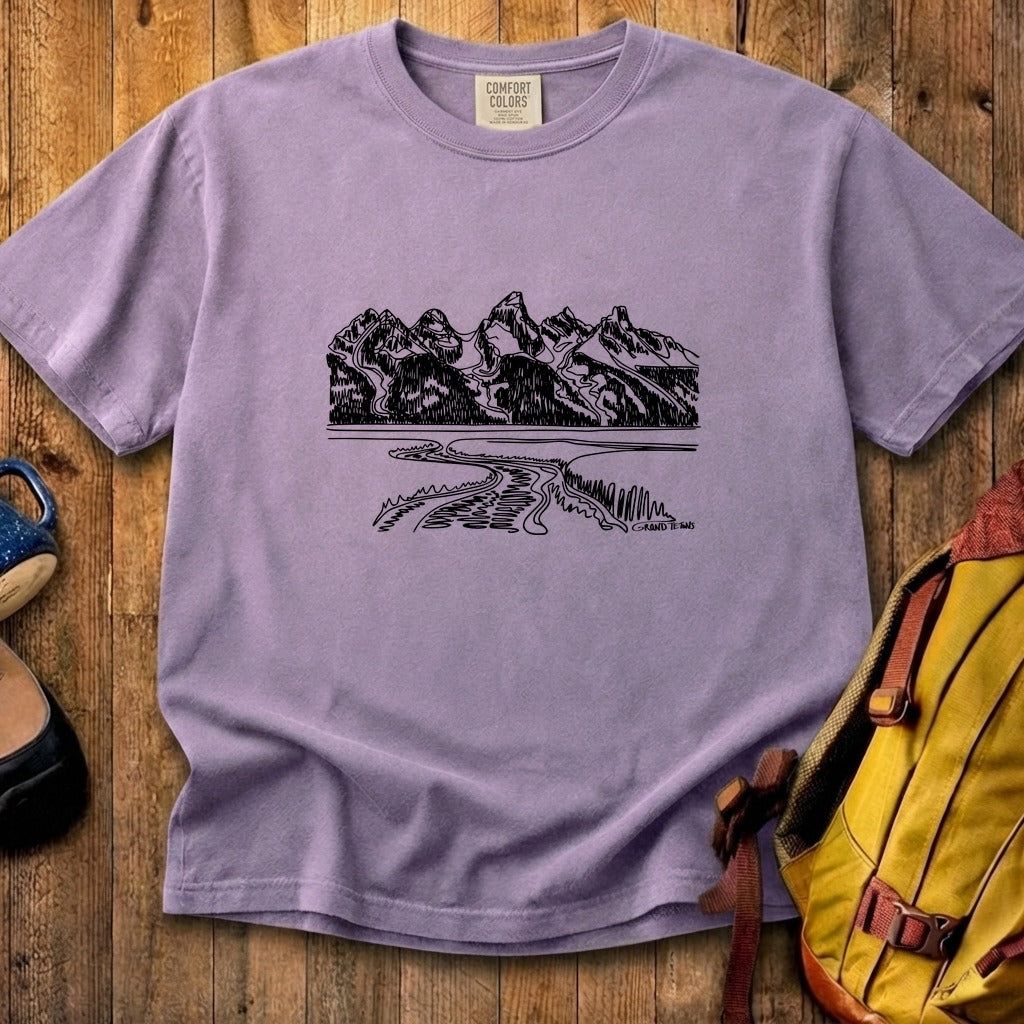 Grand Tetons Line Drawing Cotton T-Shirt