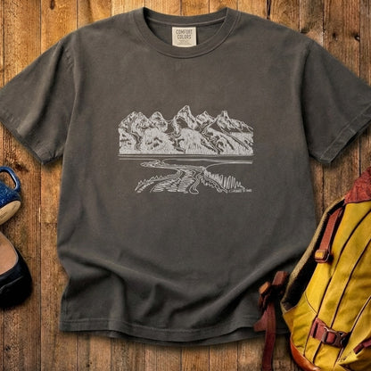 Grand Tetons Line Drawing Cotton T-Shirt