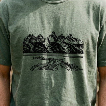 Grand Tetons Line Drawing Cotton T-Shirt