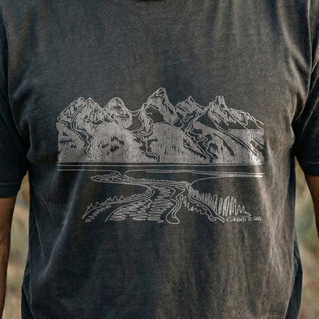 Grand Tetons Line Drawing Cotton T-Shirt
