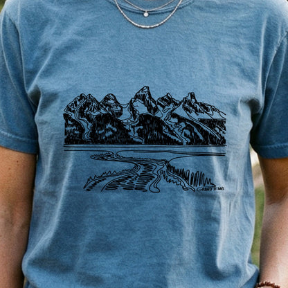 Grand Tetons Line Drawing Cotton T-Shirt