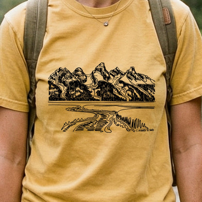 Grand Tetons Line Drawing Cotton T-Shirt