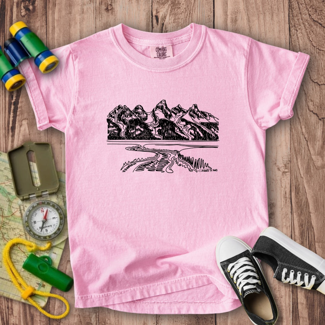 Grand Tetons Line Drawing Kids Cotton T-Shirt