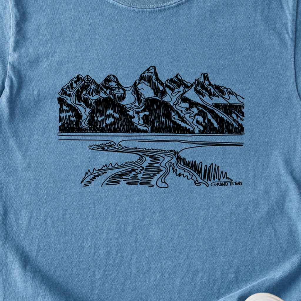 Grand Tetons Line Drawing Kids Cotton T-Shirt