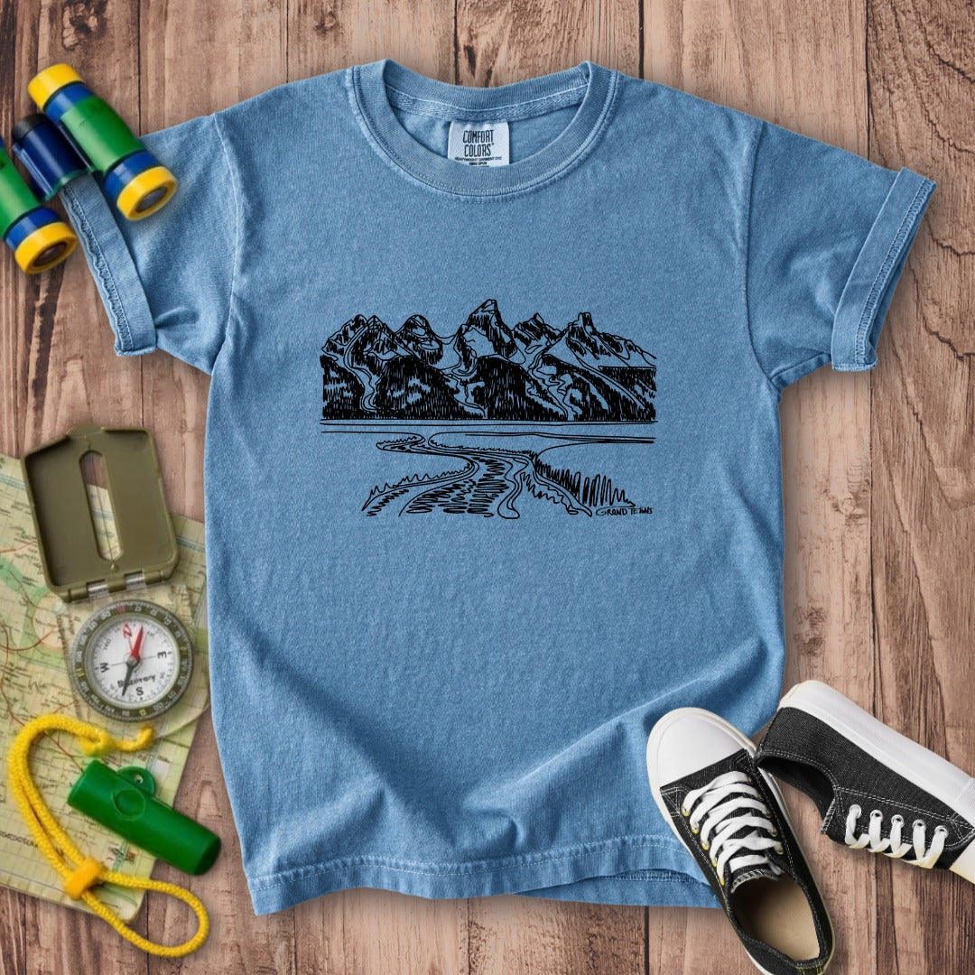 Grand Tetons Line Drawing Kids Cotton T-Shirt