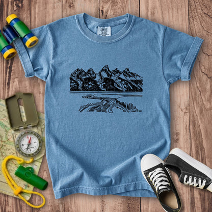 Grand Tetons Line Drawing Kids Cotton T-Shirt