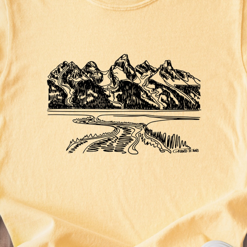 Grand Tetons Line Drawing Kids Cotton T-Shirt