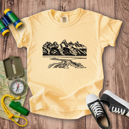 Grand Tetons Line Drawing Kids Cotton T-Shirt