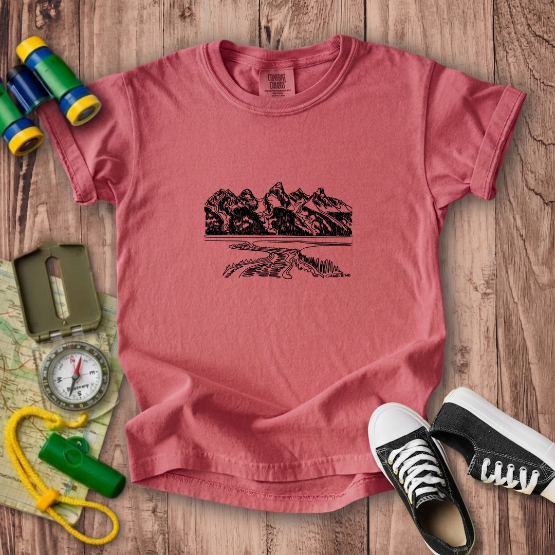 Grand Tetons Line Drawing Kids Cotton T-Shirt