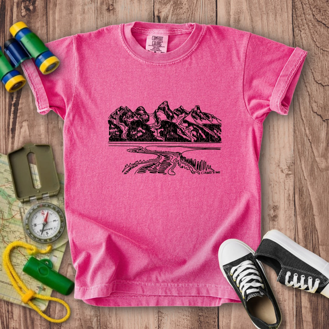 Grand Tetons Line Drawing Kids Cotton T-Shirt