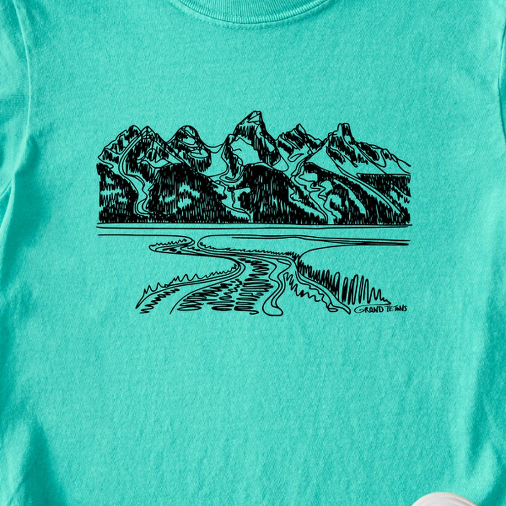 Grand Tetons Line Drawing Kids Cotton T-Shirt