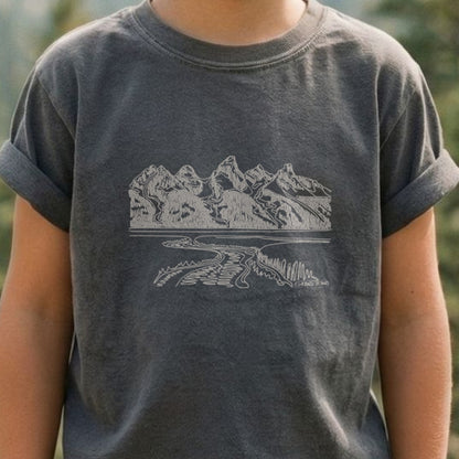 Grand Tetons Line Drawing Kids Cotton T-Shirt