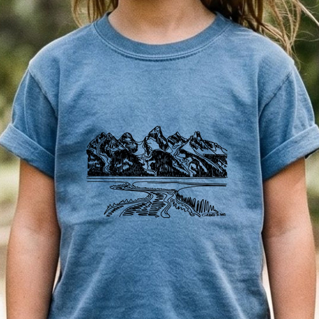 Grand Tetons Line Drawing Kids Cotton T-Shirt