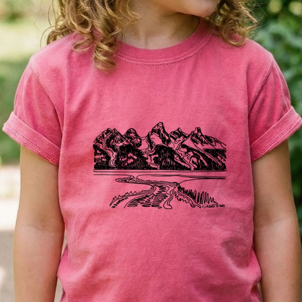 Grand Tetons Line Drawing Kids Cotton T-Shirt