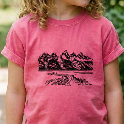 Grand Tetons Line Drawing Kids Cotton T-Shirt