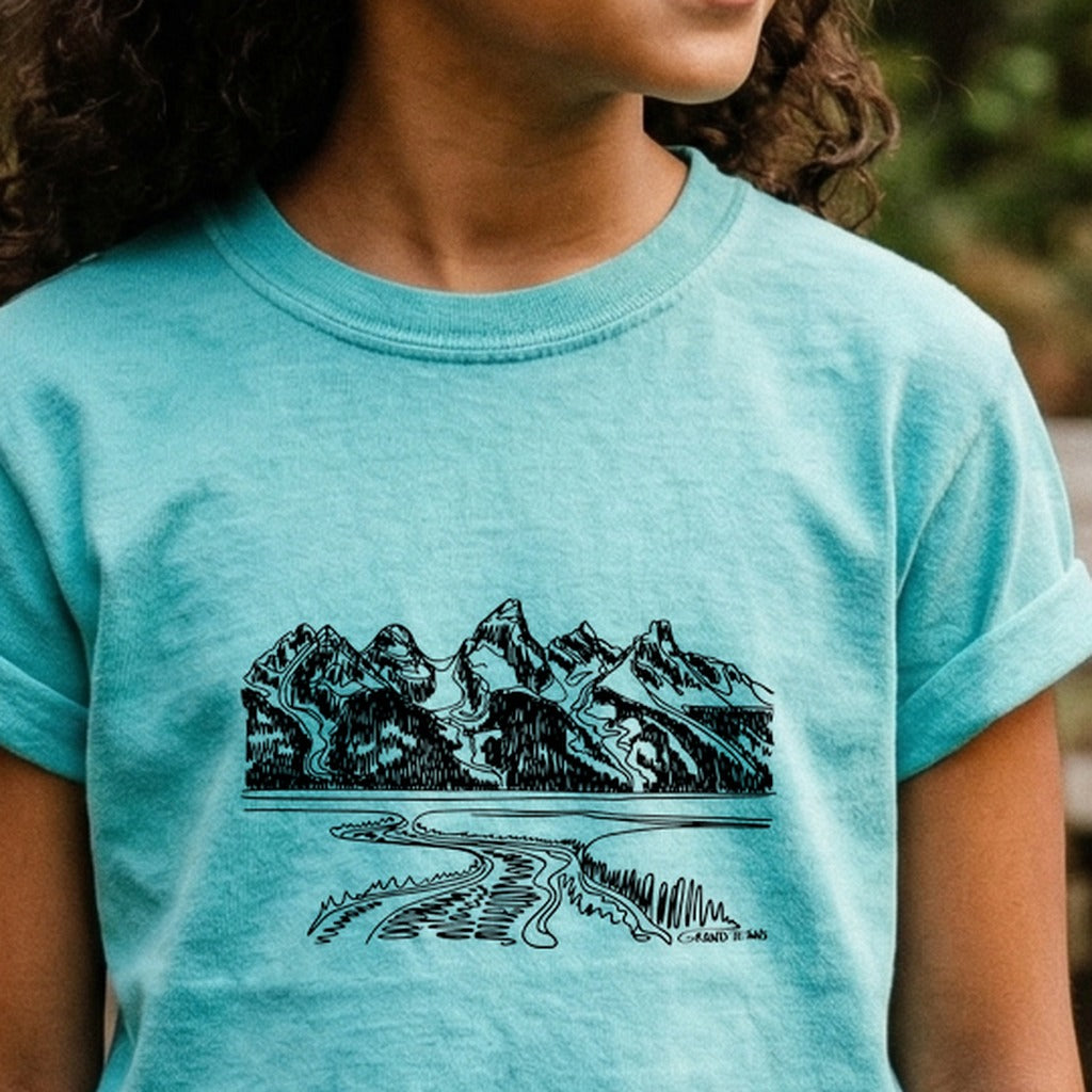 Grand Tetons Line Drawing Kids Cotton T-Shirt