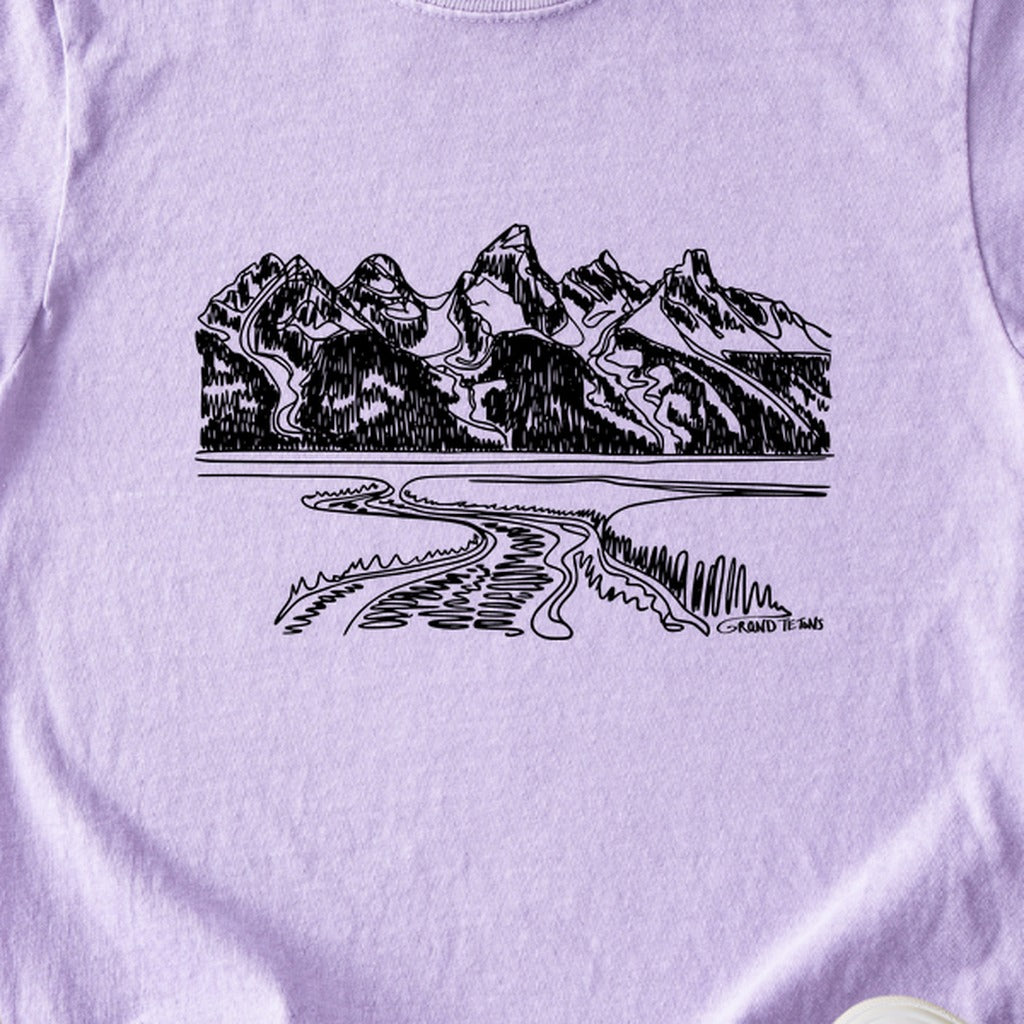Grand Tetons Line Drawing Kids Cotton T-Shirt