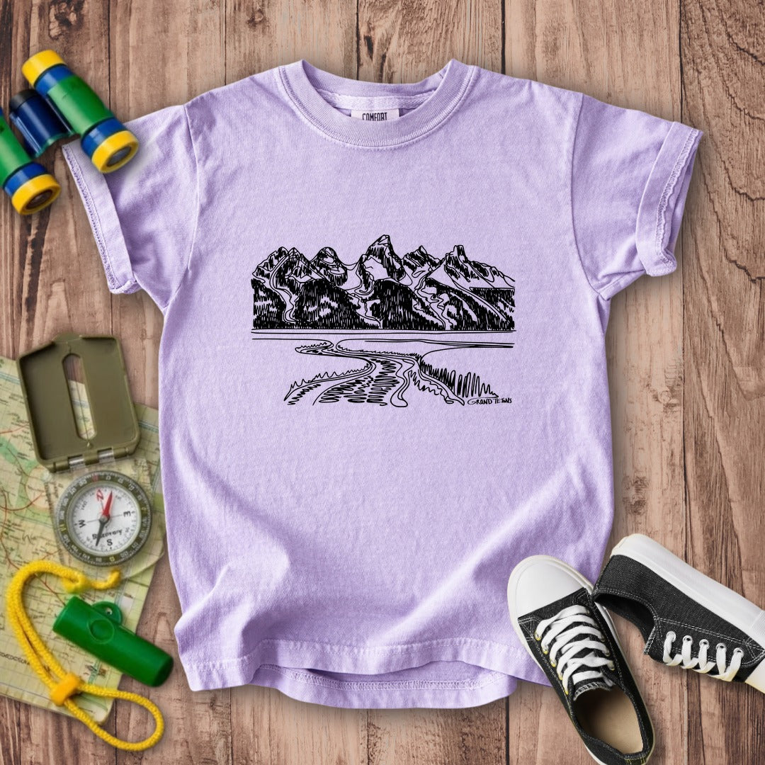 Grand Tetons Line Drawing Kids Cotton T-Shirt
