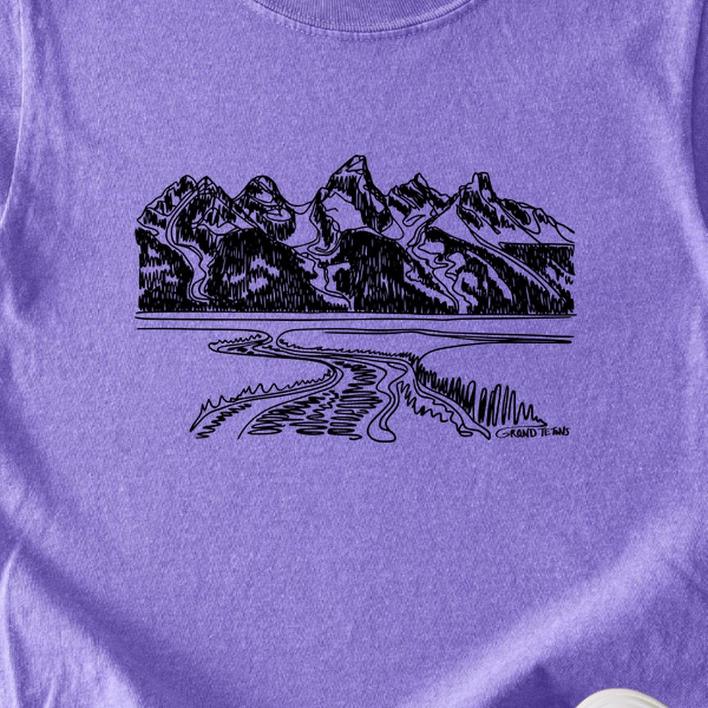 Grand Tetons Line Drawing Kids Cotton T-Shirt