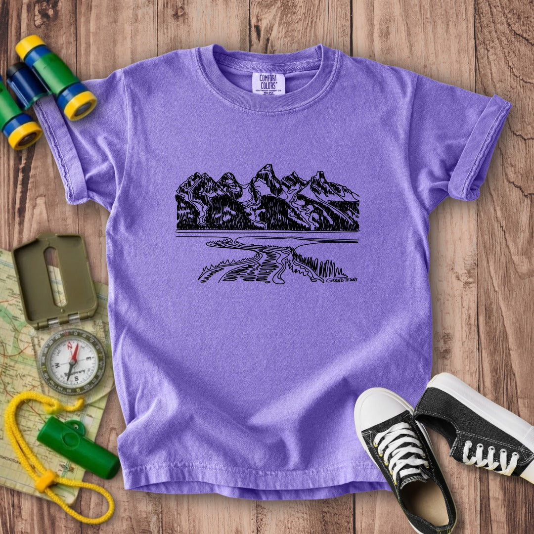 Grand Tetons Line Drawing Kids Cotton T-Shirt
