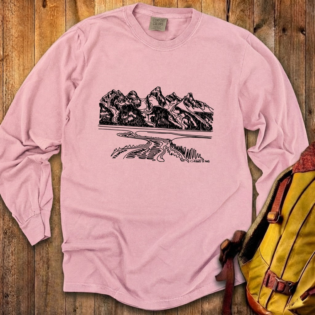 Grand Tetons Line Drawing Cotton Long Sleeve