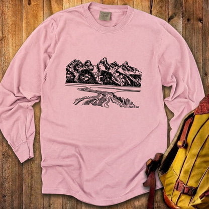 Grand Tetons Line Drawing Cotton Long Sleeve