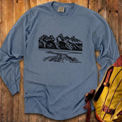 Grand Tetons Line Drawing Cotton Long Sleeve