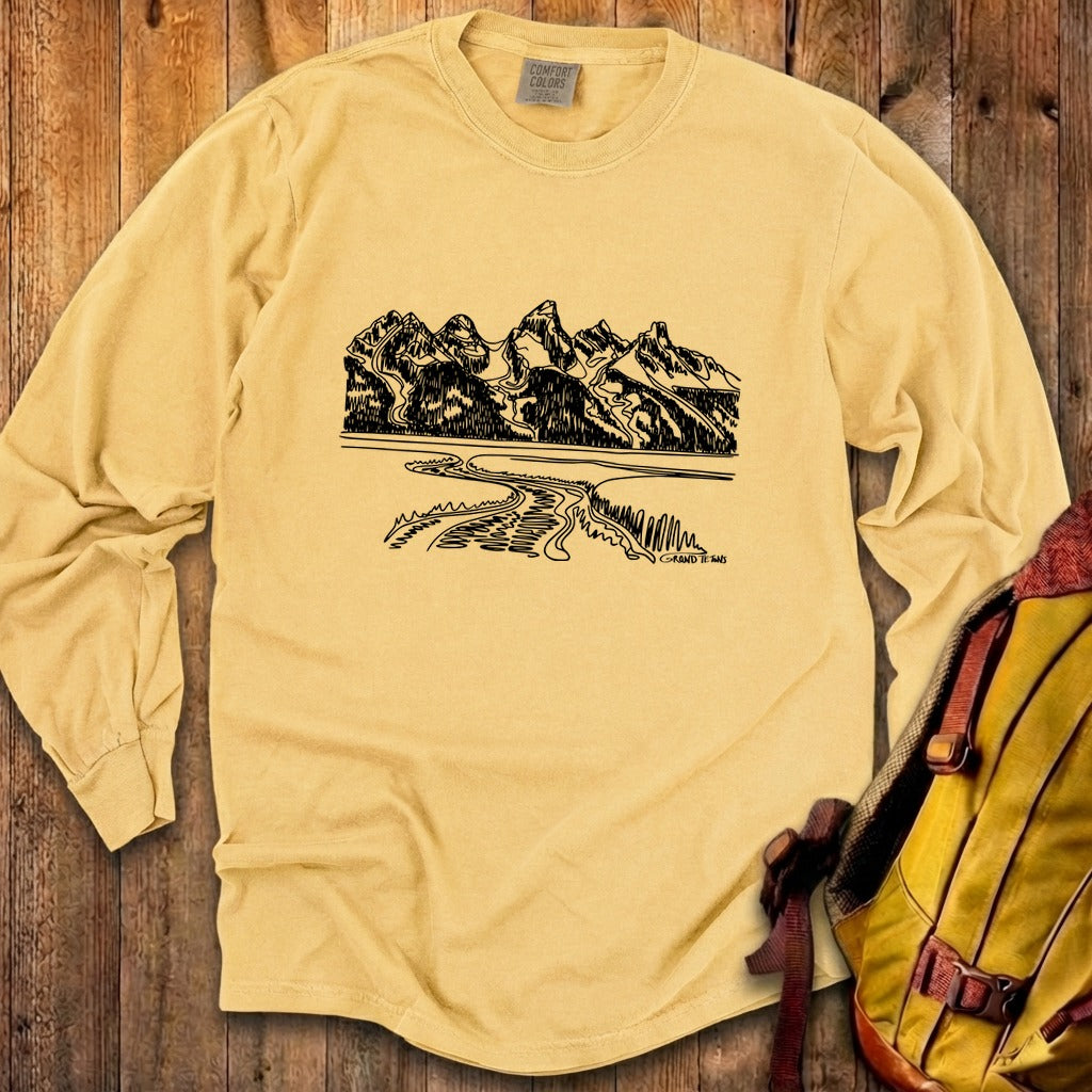 Grand Tetons Line Drawing Cotton Long Sleeve