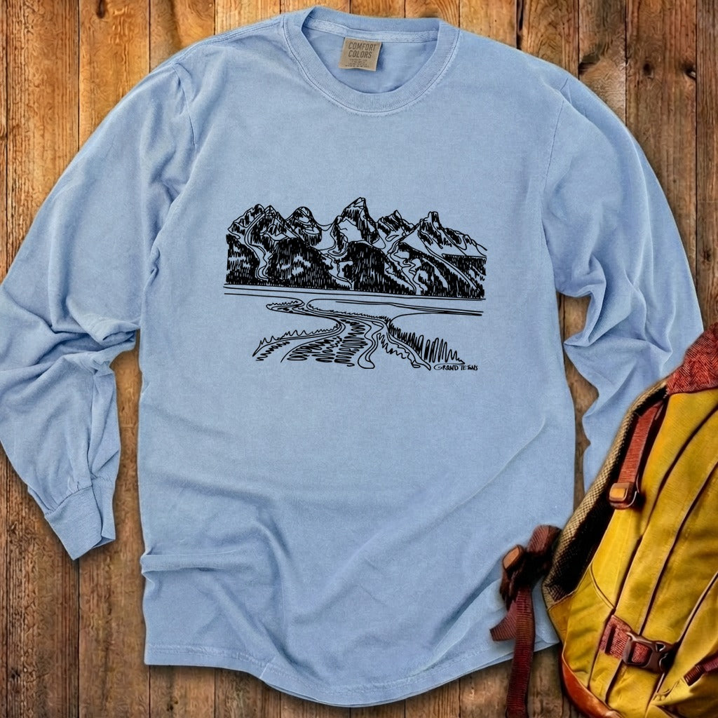 Grand Tetons Line Drawing Cotton Long Sleeve
