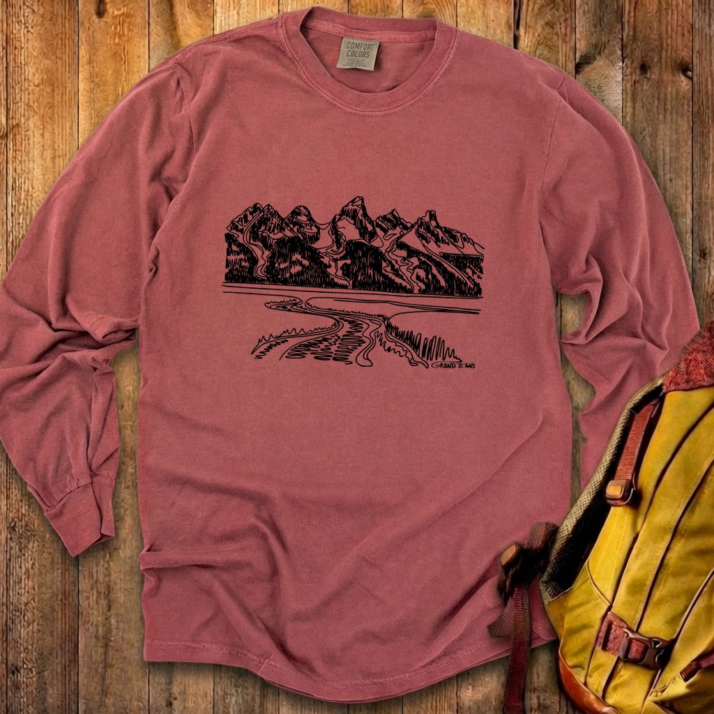 Grand Tetons Line Drawing Cotton Long Sleeve