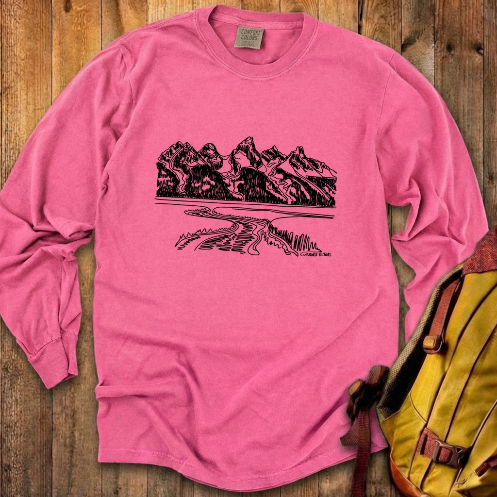 Grand Tetons Line Drawing Cotton Long Sleeve