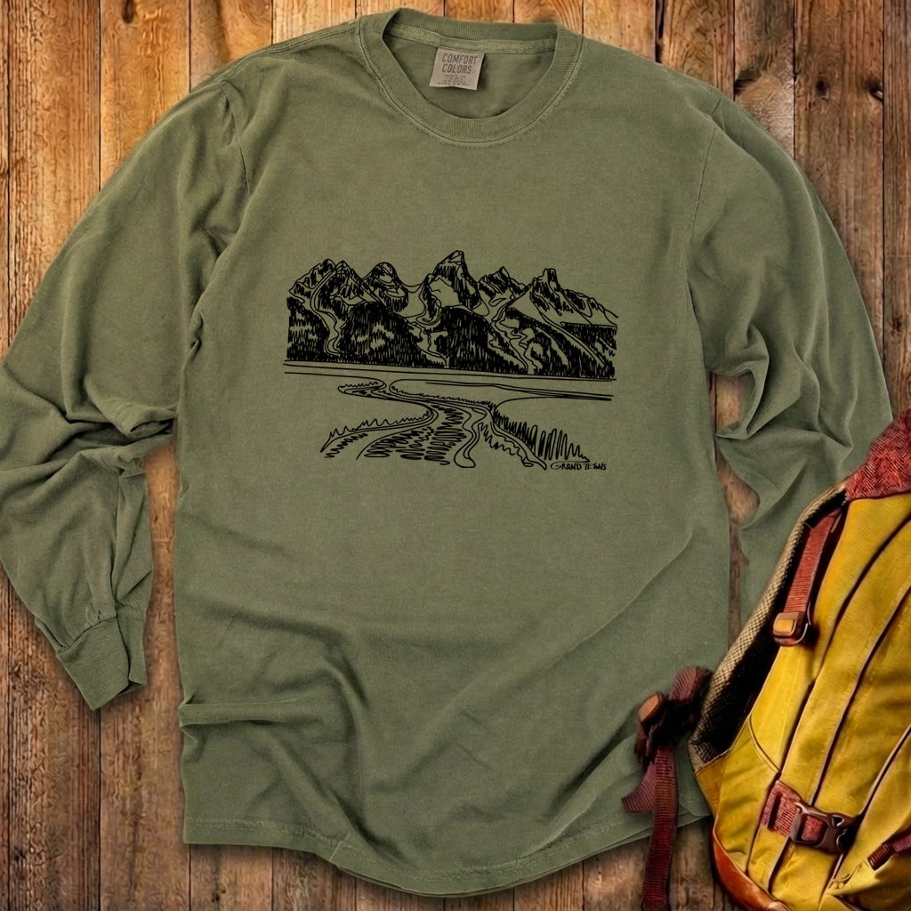 Grand Tetons Line Drawing Cotton Long Sleeve