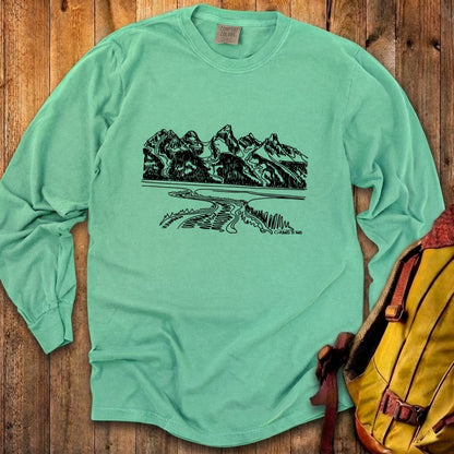 Grand Tetons Line Drawing Cotton Long Sleeve