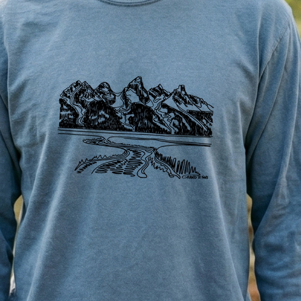 Grand Tetons Line Drawing Cotton Long Sleeve