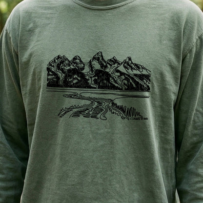 Grand Tetons Line Drawing Cotton Long Sleeve