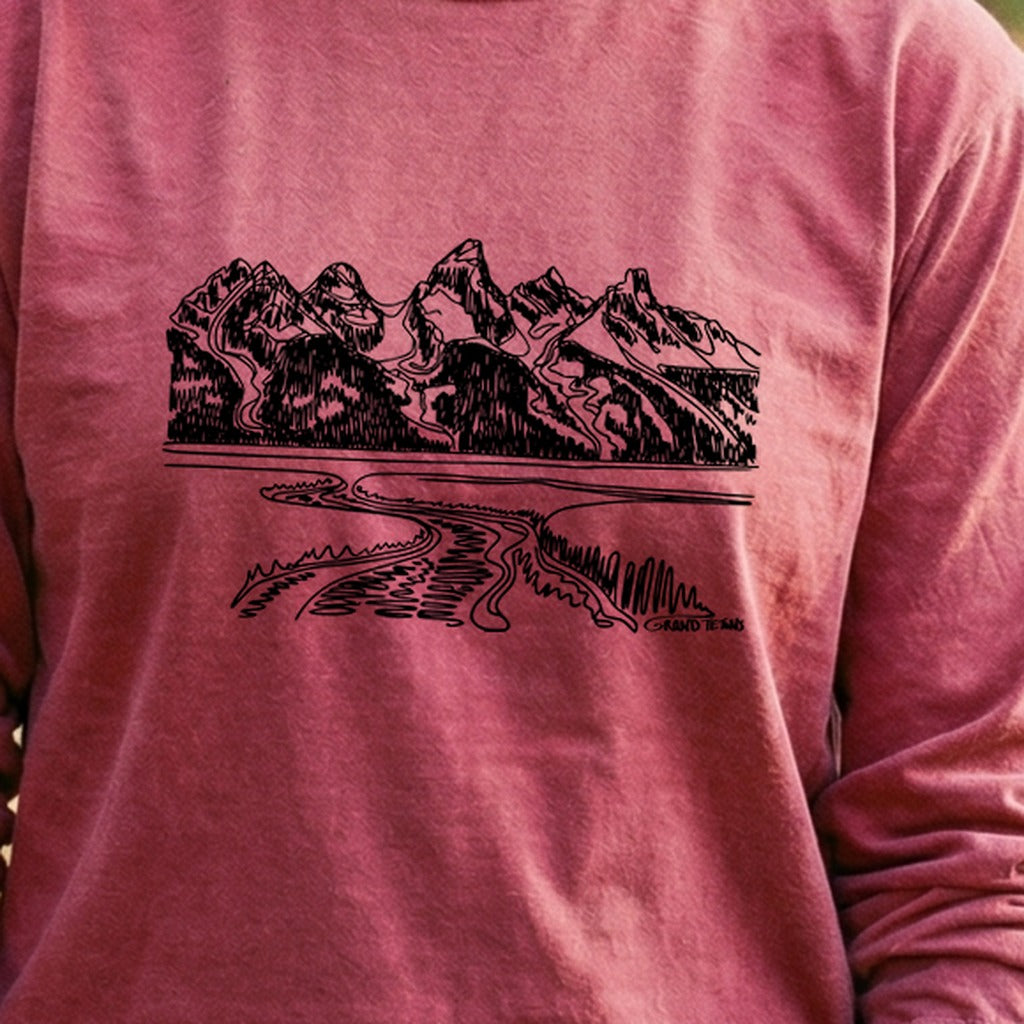 Grand Tetons Line Drawing Cotton Long Sleeve