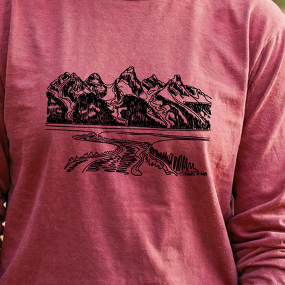 Grand Tetons Line Drawing Cotton Long Sleeve