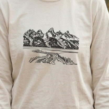Grand Tetons Line Drawing Cotton Long Sleeve