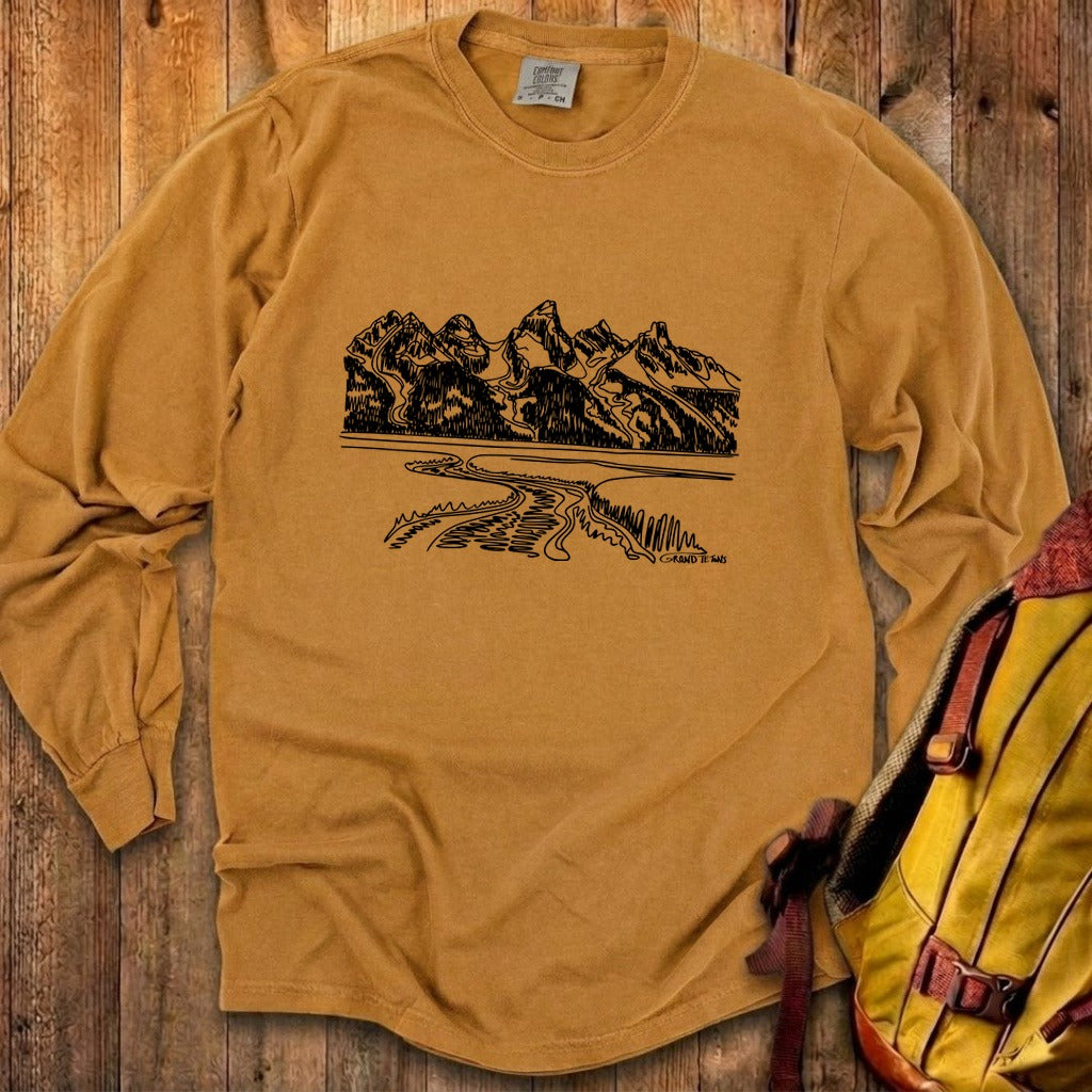 Grand Tetons Line Drawing Cotton Long Sleeve