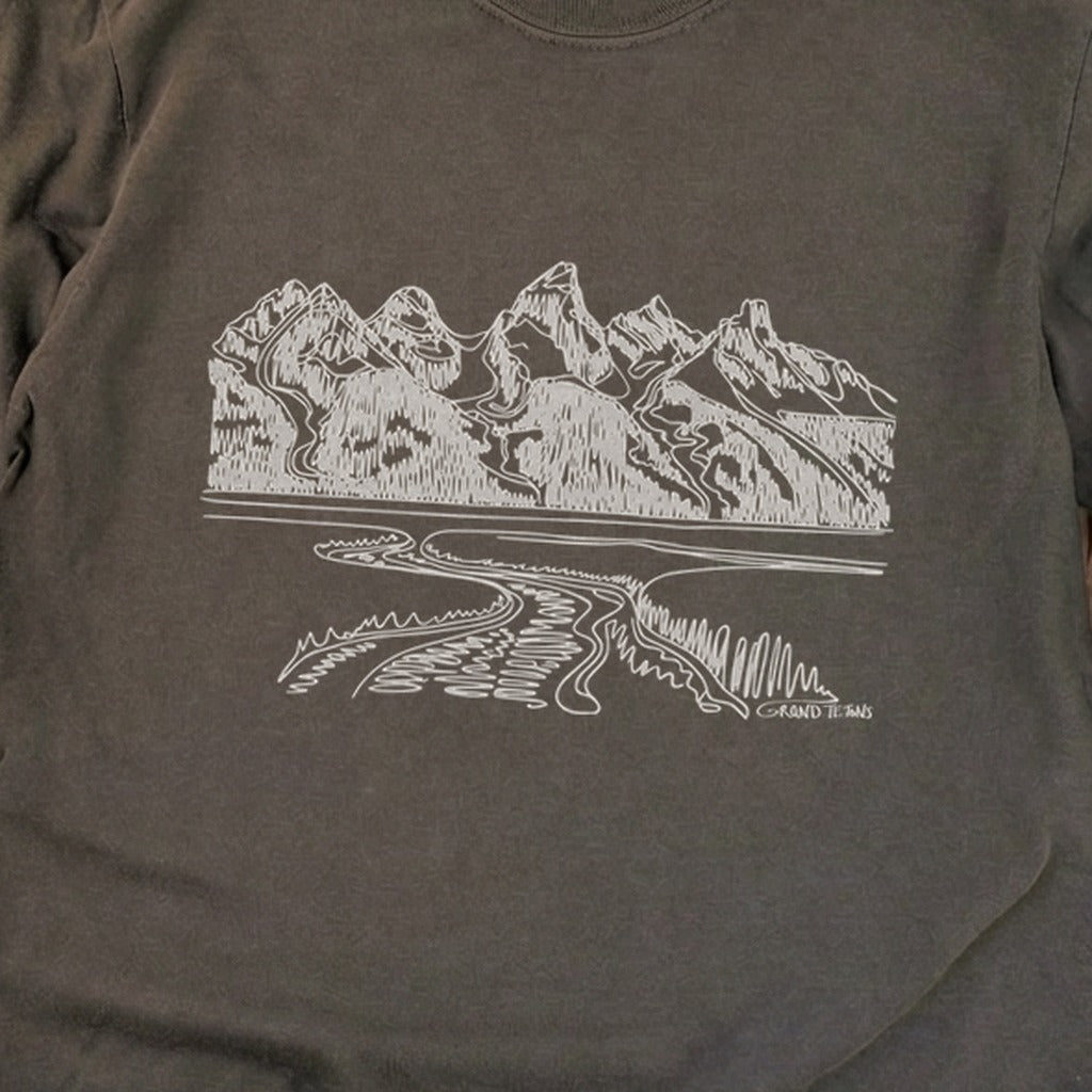 Grand Tetons Line Drawing Cotton Long Sleeve