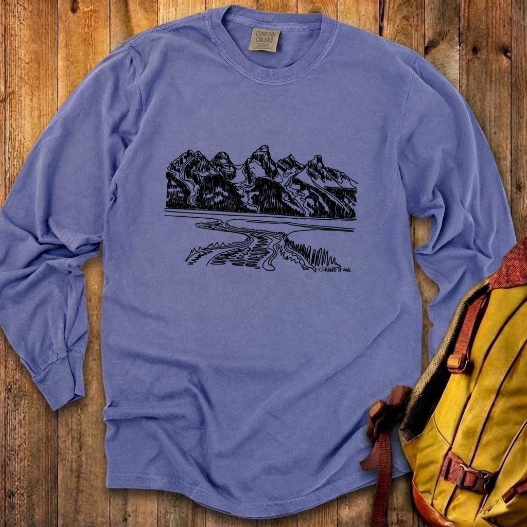 Grand Tetons Line Drawing Cotton Long Sleeve