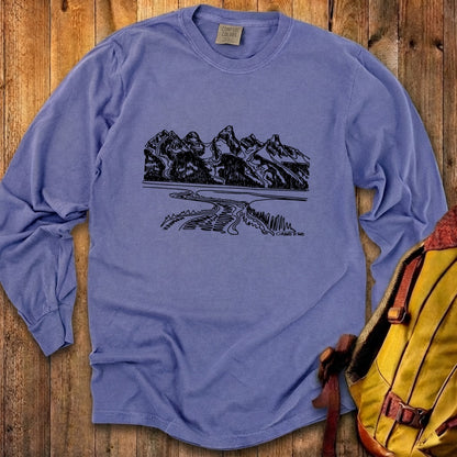 Grand Tetons Line Drawing Cotton Long Sleeve