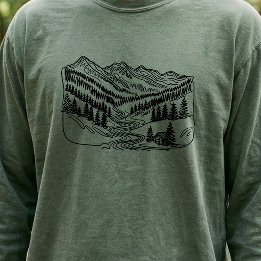 Great Smoky Line Drawing Cotton Long Sleeve