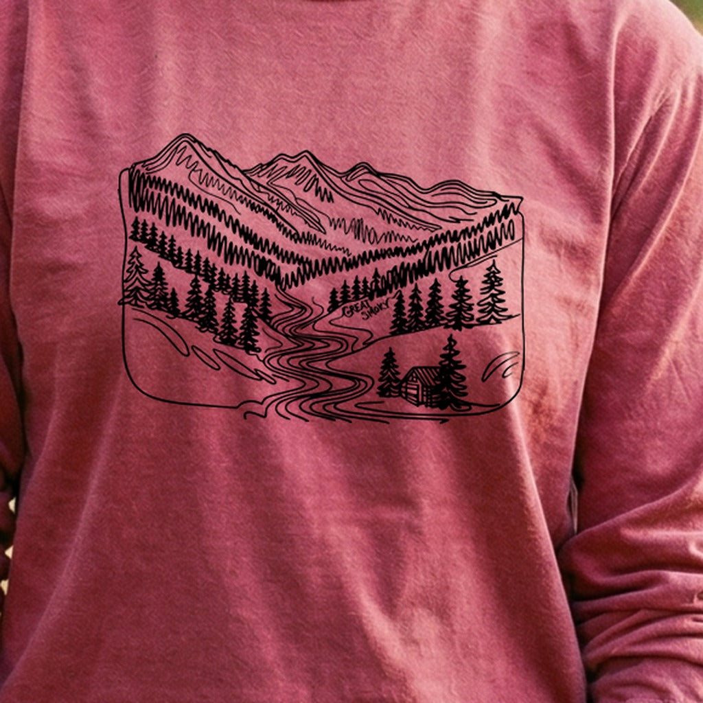 Great Smoky Line Drawing Cotton Long Sleeve
