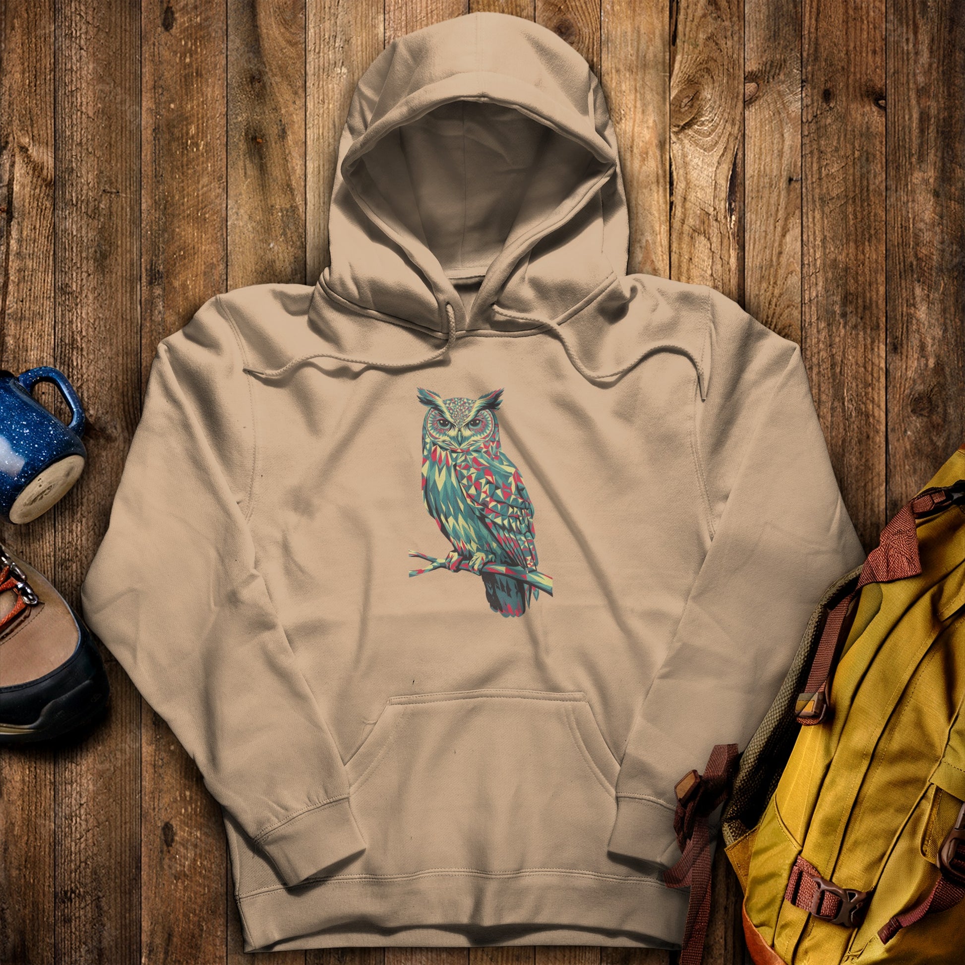 Horned Owl Mosaic Hoodie Sand Adventure and Outdoors Themed Hoodie