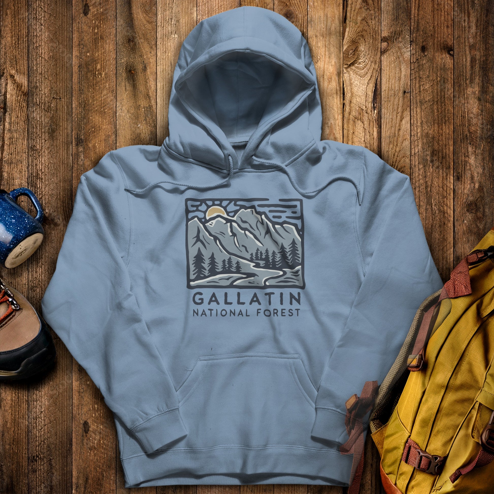 Gallatin National Forest Hoodie Stone Blue Adventure and Outdoors Themed Hoodie